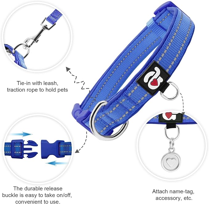azuza Reflective Dog Collar,Soft Neoprene Padded Pet Collar with ID Tag Ring,Adjustable for Medium Dogs,Royal Blue,M