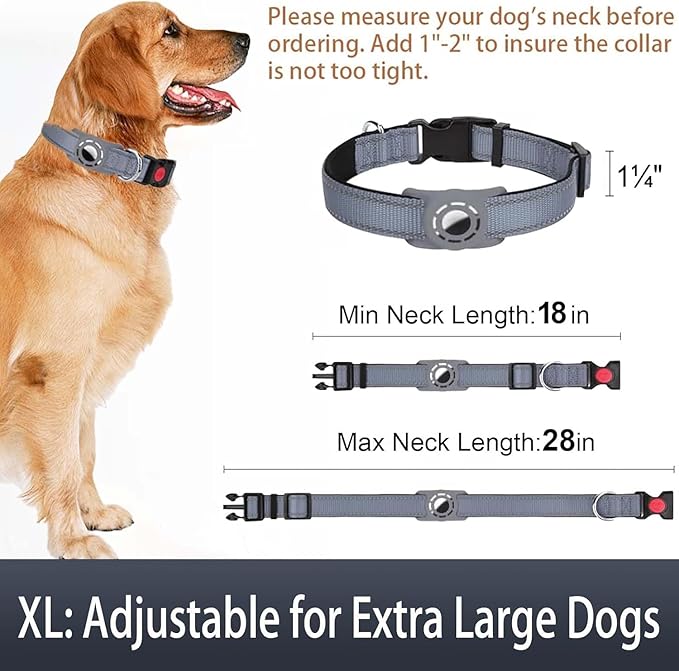 Airtag Dog Collar with AirTag Holder for Large Dogs, Reflective, Soft Padded & Safety Locking Buckle, Nylon Pet Collars Adjustable for All Breeds, Grey,XL