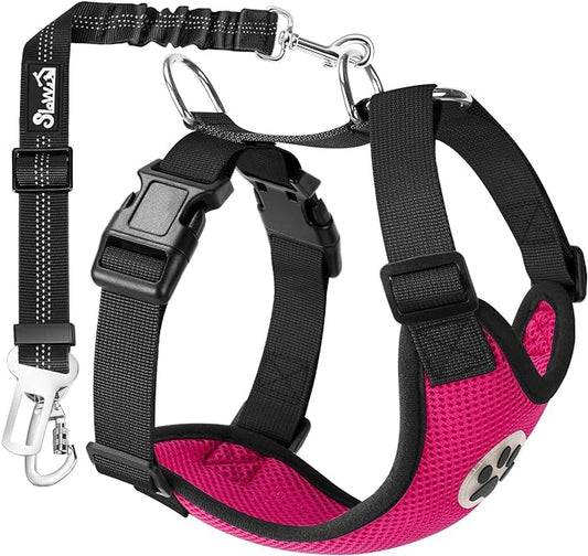 SlowTon Dog Seat Belt Harness for Car, Dog Car Harness Adjustable Mesh Breathable & Dog Seatbelt Safety Tether with Elastic Bungee for Small Medium Large Pets(Fuchsia, Double Clip, M)