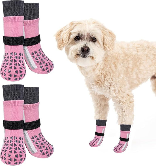 SCENEREAL Anti Slip Dog Socks for Hot Pavement to Prevent Licking Paws, Long Sporty Style Reflective Dog Grip Socks for Hardwood Floors, Dog Shoes Booties&Paw Protector for Small Senior Dog, Pink S