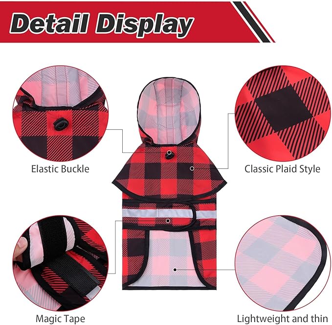 KOOLTAIL Dog Raincoat Hooded Slicker Poncho with Leash Hole, Christmas Red Plaid Raincoat for Small Medium Dogs, Waterproof Dog Rain Jacket with Reflective Strip, Adjustable Breathable Puppy Rainwear