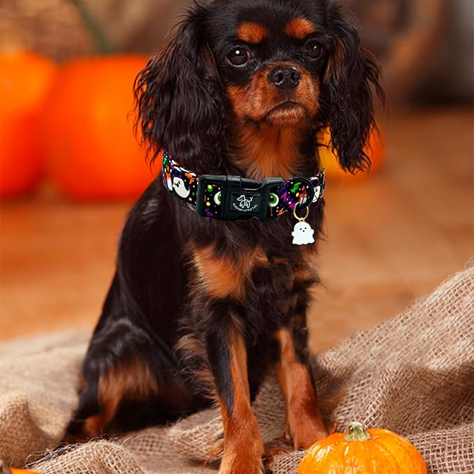 Elegant little tail Halloween Dog Collar, Ghosts Print Fall Male Cute Puppy Adjustable Cotton Pet Collar with Quick Release Buckle for Small Medium Large Dogs