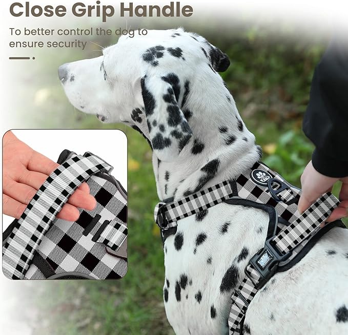 FURRYFECTION Plaid Dog Harness for Large Dogs | No Pull Reflective Pet Harness | No Choke Adjustable Dog Vest Harnesses | with Leash | Easy Control Handle | Front Lead | Seat Belt | Black&White | L