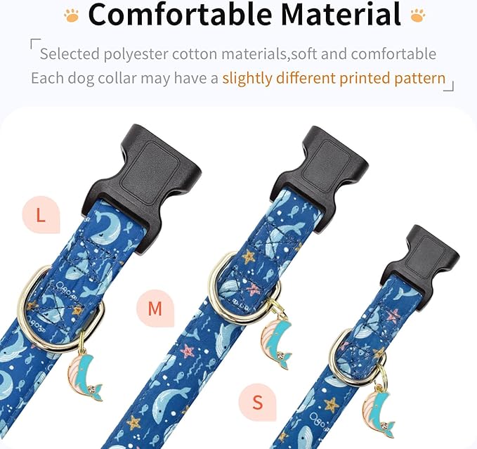 Cotton Dog Collar,Adjustable Cute Puppy Collar with Moon Patterned Design for Small Medium Large Dogs,Soft and Fancy Pet Collar with Safety Buckle for Girl Boy Dogs (Blue Whale, L)
