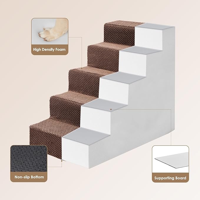 EHEYCIGA Dog Stairs for High Bed 22.5”H, 5-Step Dog Steps for Bed, Pet Steps for Small Dogs and Cats, Non-Slip Balanced Pet Ramp Indoor, Brown