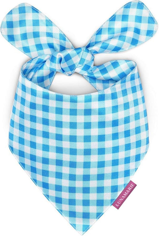 Luxury Pet Birthday Bandanas -Premium & Silky Poly Fabric | 100% Handmade | Custom Shape Dual Layered (Blue Checkers, Medium)