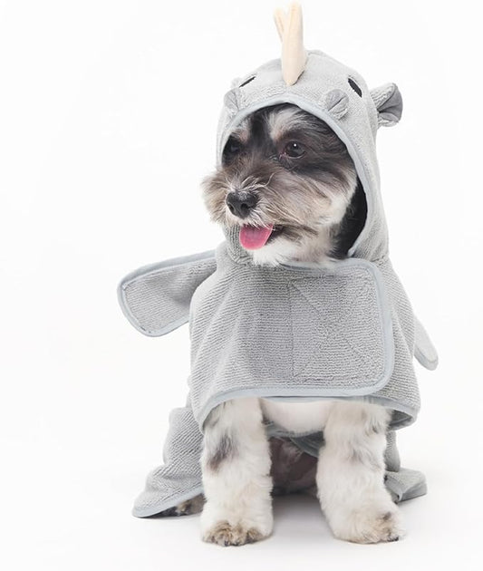 Barkbox Dog Bathrobe Fast Drying with Hook and Loop Closure & Wrap Tie Snuggle, Cute Dogs Clothes, Easy to Clean, Machine Washable, Dog Coats for Small Dogs, Tumble Dry Low - Rhino, Small