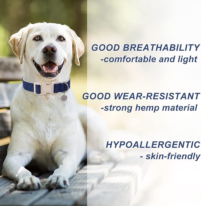 DOGWONG Cotton Hemp Dog Collar, Heavy-Duty Blue Dog Collar Adjustable Soft Natural Fabric Cute Wedding Puppy Necklace for Small Medium Large Dogs