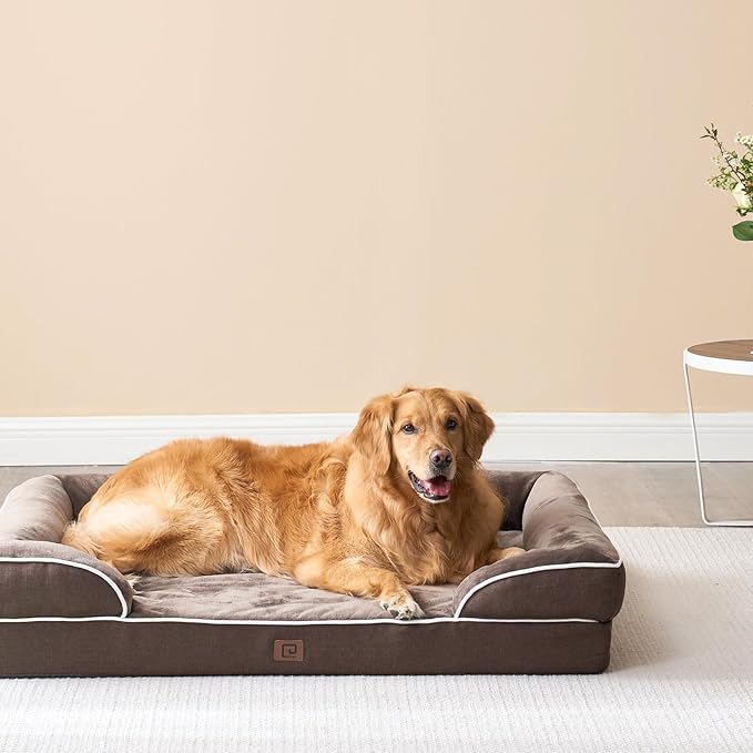 EHEYCIGA Orthopedic Dog Beds for Extra Large Dogs, Waterproof Memory Foam XXL Dog Bed with Sides, Non-Slip Bottom and Egg-Crate Foam Big Pet Couch Bed with Washable Removable Cover, Brown