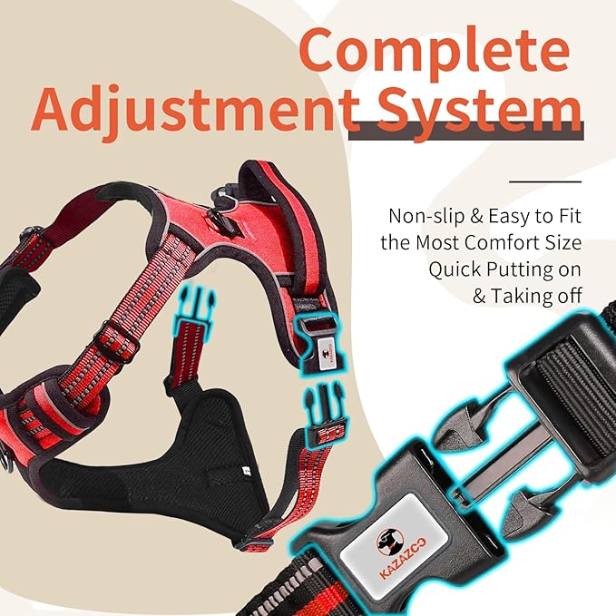 Dog Harness, No-Pull Pet Breathable Harness, Adjustable Soft Padded Dog Vest with 2 Leash Clips, Reflective No-Choke Pet, Easy Control Handle for Large Dogs, Red, L