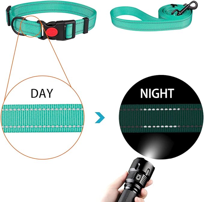 Reflective Dog Collar and Leash Set with Safety Locking Buckle Nylon Pet Collars Adjustable for Small Medium Large Dogs 4 Sizes(Mint Green&M)