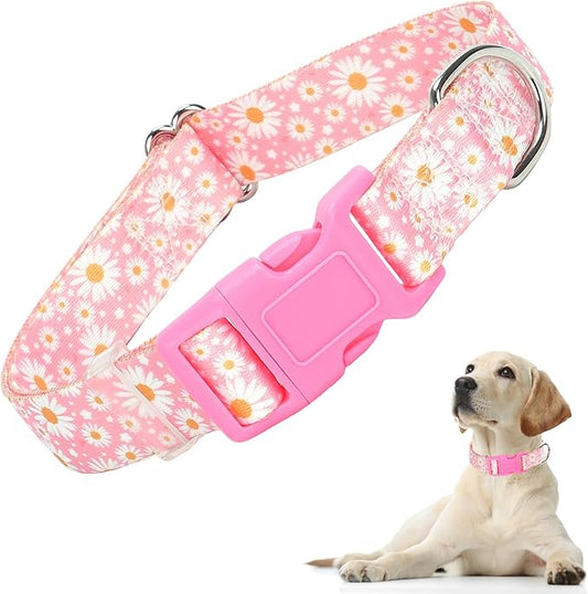 Pink Dog Collars for Large Dogs, Girl Dog Collars with Hot Daisy Flowers, Adjustable Comfy Soft Pet Collar with Safety Buckle for XS Small Medium Large Dogs(L)