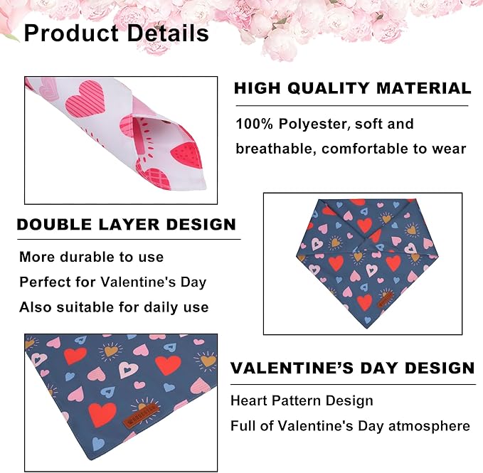 ADOGGYGO Valentine Dog Bandana, Colorful Heart Pet Scarf, Multi Size Offered, White Blue Valentine Heart Bandanas for Medium Large Dogs (Large)