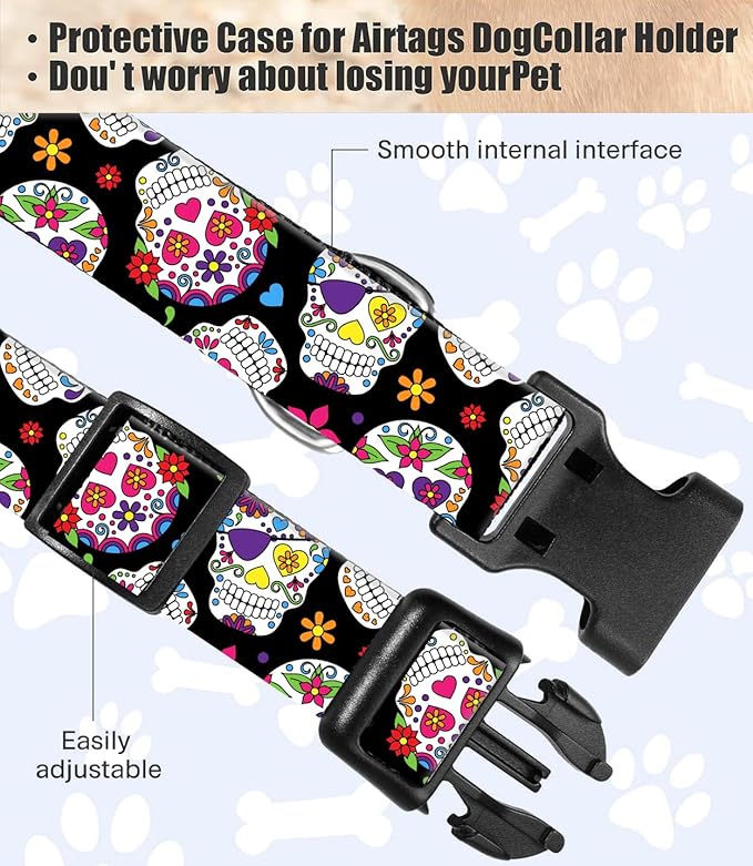 Dog Collar, Cute Dog Collar for Small Medium Large Dogs, Personalized Adjustable Soft Pet Collars with Quick Release Buckle for Walking Running, Cute Floral Skulls
