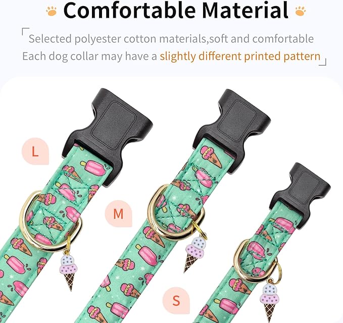 Cotton Dog Collar,Adjustable Cute Puppy Collar with Moon Patterned Design for Small Medium Large Dogs,Soft and Fancy Pet Collar with Safety Buckle for Girl Boy Dogs (Green Ice Cream, L)