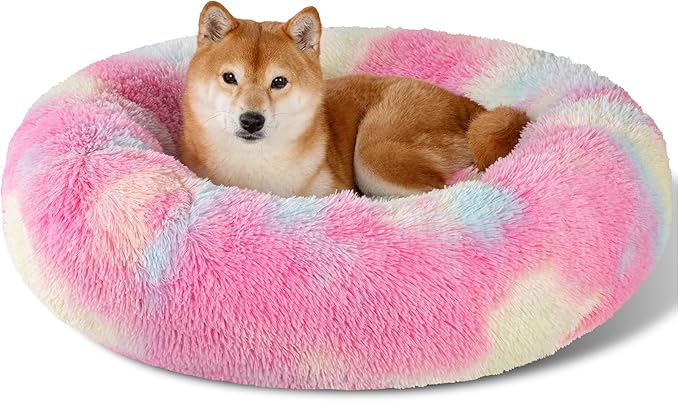 Dog Calming Beds for Small Medium Large Dogs - Round Donut Washable Puppy Dog Bed, Anti-Slip Faux Fur Fluffy Donut Cuddle Anxiety Cat Pet Bed(32'' Color)