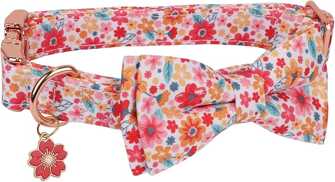 ADOGGYGO Floral Dog Collar with Bow, Metal Buckle, Adjustable Red Pink Pet Flower Collar for Extra Small Dogs (X-Small)