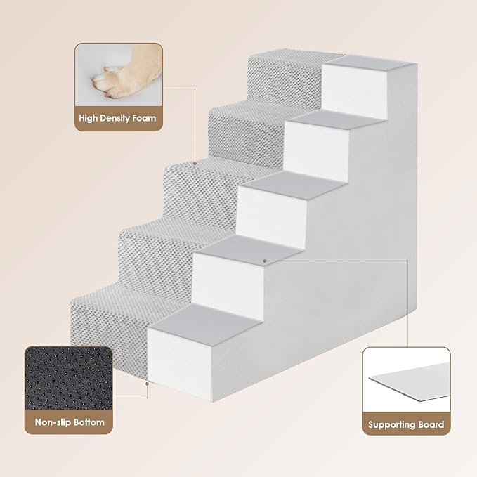 EHEYCIGA Dog Stairs for High Bed 22.5”H, 5-Step Dog Steps for Bed, Pet Steps for Small Dogs and Cats, Non-Slip Balanced Pet Ramp Indoor, Light Grey