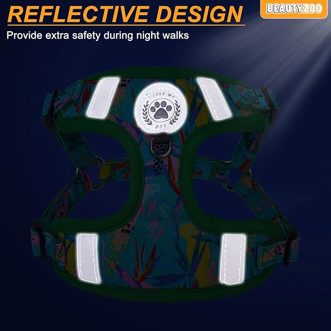 BEAUTYZOO Dog Harness Collar and Leash Set, No Pull Step in Pet Harness for Small Sized Dogs, Adjustable No Escape Puppy Vest Harnesses Outdoor Walking Running, Soft Reflective Vest, Green XS