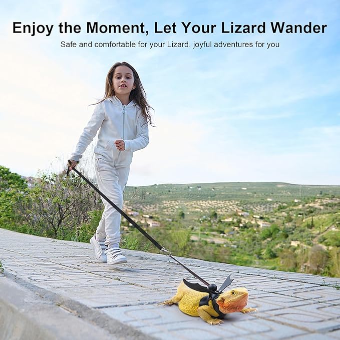 Bearded Dragon Harness and Leash Set, Adjustable Harness Soft Leather-3 Sizes (S, M, L) with Black Wing, Upgrade Lizard Reptile Leash for Bearded Dragon, Lizard, Iguana or Gecko