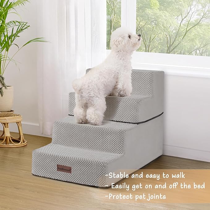 Dog Stairs for Small Dogs & Cats, 4-Step Non-Slip Pet Steps for Beds & Couches, Light Grey, 18.5" H