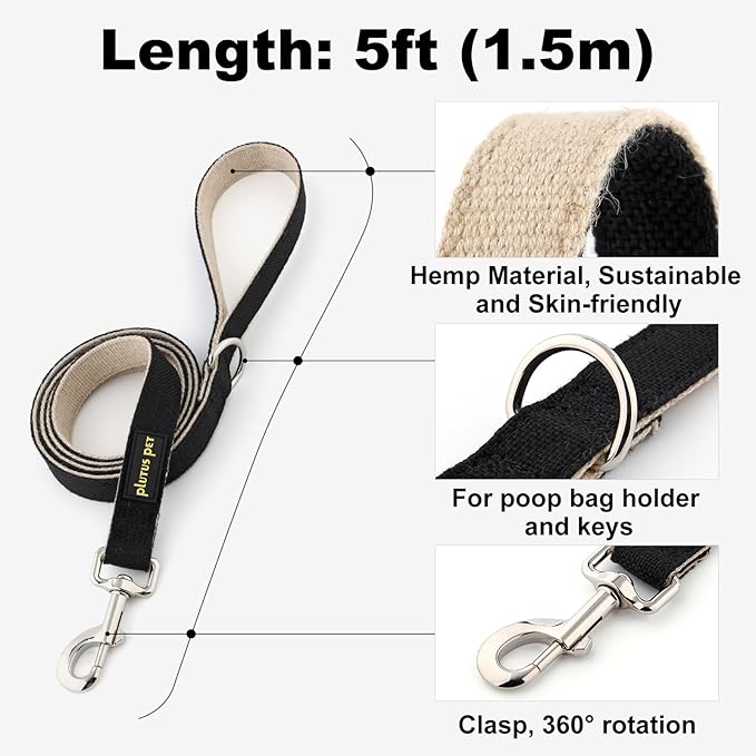 Plutus Pet Cotton Hemp Dog Collar and Leash Set, Adjustable Collar for Small, Medium, and Large Dogs, Heavy Duty and Soft on Skin, Black, S