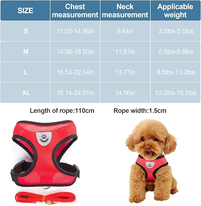 shudyear Dog Walking Chest Harness and Leash, Anti-Escape Adjustable Soft Mesh Dog Leash and Harness Set for Small Dog and Puppies, Vest for Medium Sized Dogs (red, M)