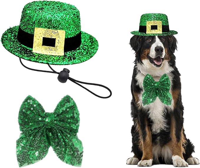 Dog St. Patrick's Day Costume, St Patricks Day Pet Outfit Green Shamrock Hat Bow Tie Collar for Small Medium Large Dogs (Green Buckle)