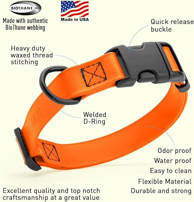 Dogline Biothane Waterproof Dog Collar with Quick Release Buckle Strong Coated Nylon Webbing with Odor- Proof for Easy Care Easy to Clean Fits Small Medium or Large Dogs, Orange 1" W 15-23" L