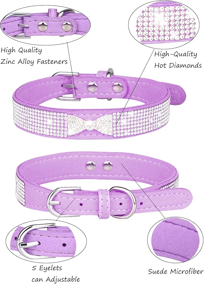 Dog Collar for Small Dogs, Adjustable Leather Suede Bling Dog Collars，Pink Dog Collar Cat Collar, Rhinestone Dog Collar (M, purple4)