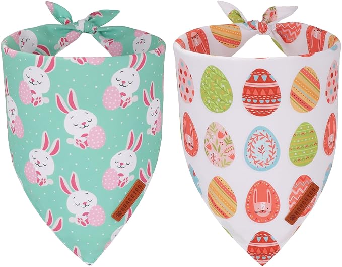 ADOGGYGO Easter Dog Bandana, Eggs Bunny Pet Scarf, Premium Durable Fabric, Adjustable Fit White Green Holiday Easter Bandanas for Medium Large Dogs (Large)