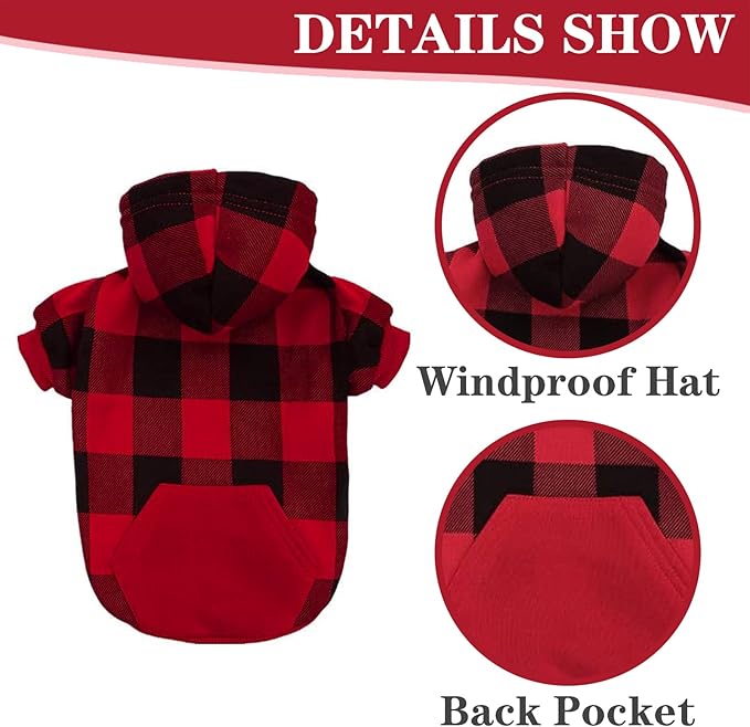 EXPAWLORER Plaid Dog Hoodie - British Style Warm Dog Sweater Shirt with Leash Hole,Pitbull Clothes Outfits,Winter Coat Apparel for All Breeds Puppy Girl Boy-Cat Apparel