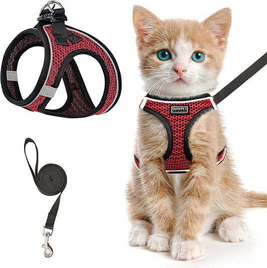 Cat Harness and Leash for Walking Escape Proof, Adjustable Kitten Vest Harness Reflective Soft Mesh Puppy Harness for Outdoor, Comfort Fit, Easy to Control (Red, XXS)