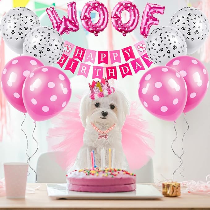 Maitys 13 Pcs Dog Birthday Party Supplies Cute Dog Girl Bandanas Set Pink Tutu Skirt Puppy Crown Hat Pearl Necklace Happy Birthday Banner 9 Pink Woof Paw Balloons Toy for Puppy Pet Cat