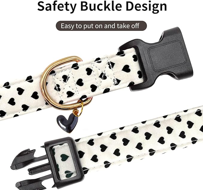 Cotton Dog Collar,Soft and Cute Puppy Collars with Hearts Patterned Design for Girl Female Boy Dogs,Adjustable Buckle Pet Collar for Small Medium Large Dogs (Beige Love Heart, Medium)