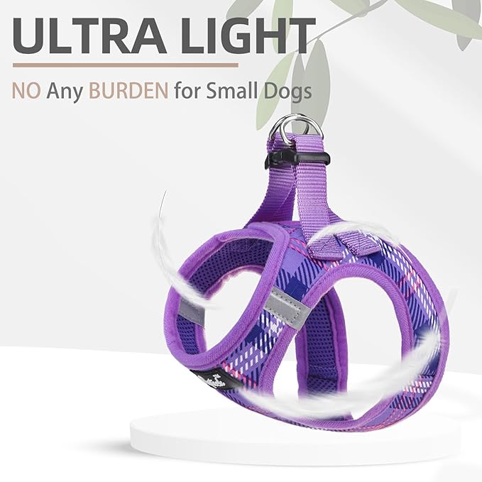 PUPTECK Dog Harness and Leash Set for Small Medium Dogs No Pull Step-in Soft Mesh Puppy Cat Vest Harnesses Reflective at Night, Plaid Pattern Purple M