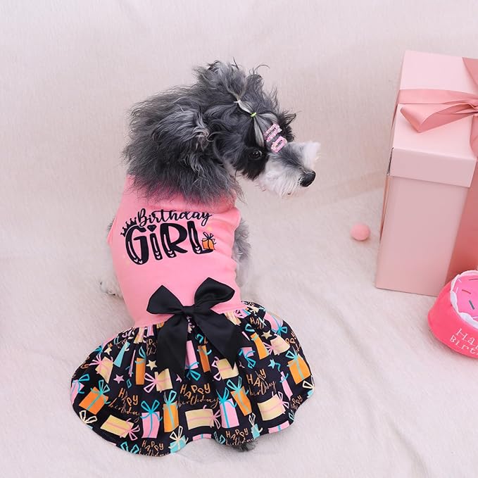 CuteBone Birthday Dog Dresses Velvet Holiday Small Dogs Clothes Onesie Pet Apparel Girl Puppy Skirt with Bow Hair Rope CVA48S-D