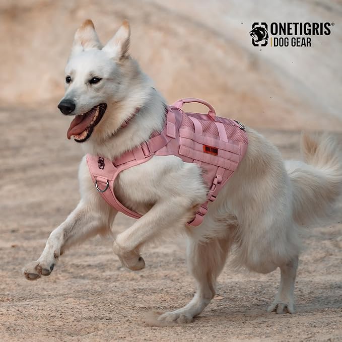 OneTigris Tactical Dog Harness with Handles - Breathable Military Molle Vest, No Pull Dog Vest for Walking, Hiking, Training (Pink, Small)