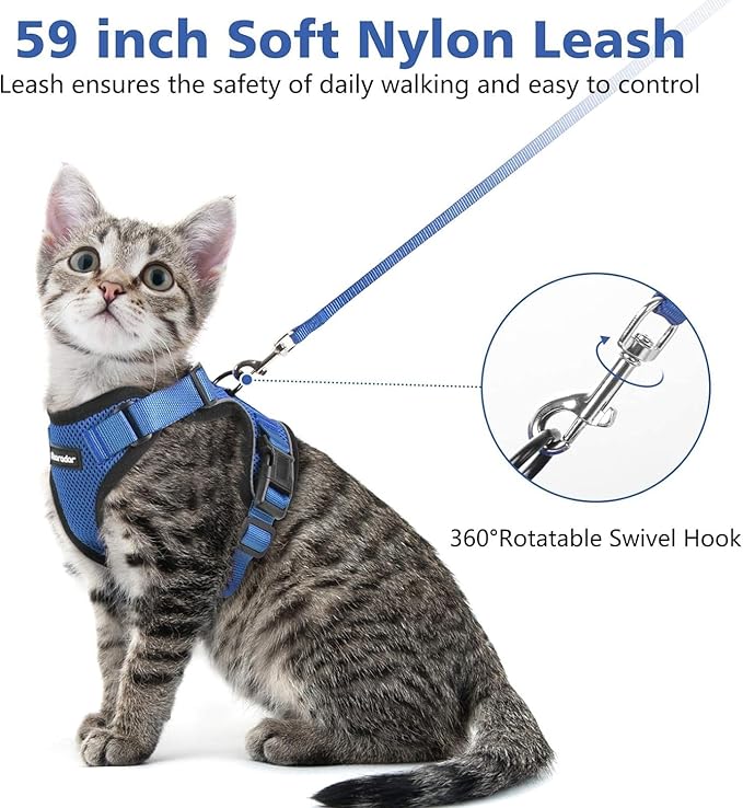 Dooradar Cat Harness and Leash Set, Escape Proof Safe Adjustable Kitten Vest Harnesses for Walking, Easy Control Soft Breathable Mesh Jacket with Reflective Strips for Cats, Blue, M