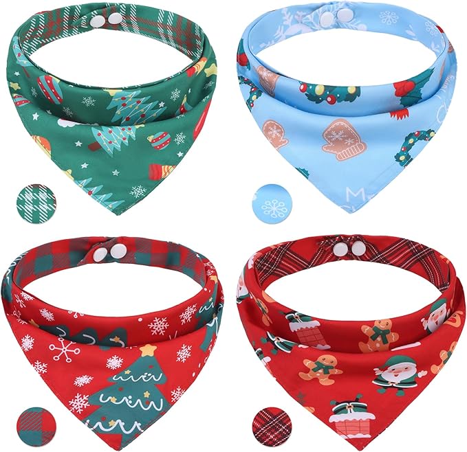 PAWCHIE Christmas Dog Bandanas 4 Pack, Reversible Dog Party Triangle Scarf Bibs, Pet Holiday Costume with Adjustable Snaps, Multiple Christmas-Themed Patterns for Small Medium Dogs Puppy, Cats, Pets
