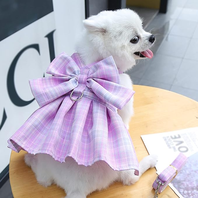 Dog Harness and Leash Set, Cute Bow Tie Plaid Harnesses for Puppy Cat, Adjustable Pet Kitties Vest, Breathable Harness Traction Rope for Boy Girl Small Animal(Skirt Light Pink,XL for 12.1-15.4lbs Dog)