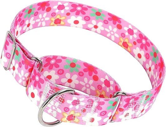 Wide Pink Martingale Collar for Dogs,1.5 Inches Martingale Collar with Flowers Pattern,No Slip Dog Collar Perfect for Training,Walking, Hunting(Pink Flowers M)