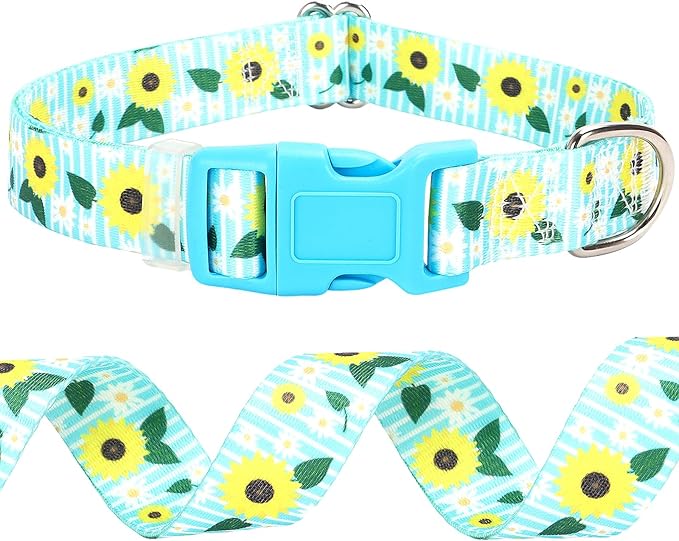 Sunflower Floral Dog Collar - Soft Nylon Adjustable Collar for Large Dogs, Quick-Release Buckle, Durable Pet Collar for Boy and Girl Puppies (L)