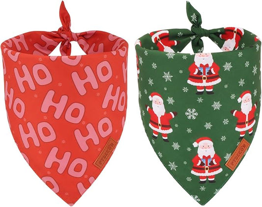 PTDECOR Christmas Dog Bandana, Xmas HOHO Santa Design Reversible Holiday Dog Scarf, Triangle Christmas Bandanas for Medium Large Pets (Large)
