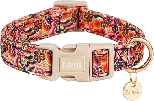 Faleela Dog Collar - Cute & Comfy Cotton Pet Collar, Adjustable Lightweight Design with Quick-Release Buckle, for Small, Medium & Large Dogs - Multiple Styles Available (Colorful Flowers, Medium)