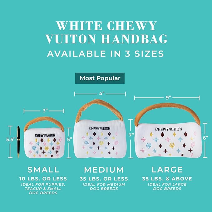 Haute Diggity Dog Chewy Vuiton White Purse, Plush Designer Dog Toys with Interactive Squeaker, Stimulating Pet Enrichment, Machine-Washable & Safe Materials for All Breeds, Size Large