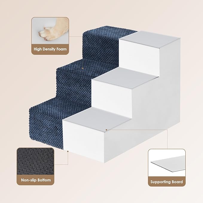 EHEYCIGA Dog Stairs for Small Dogs 13.5" H, 3-Step Dog Steps for Couch Sofa and Chair, Pet Steps for Small Cats, Non-Slip Balanced Pet Ramp Indoor, Navy Blue
