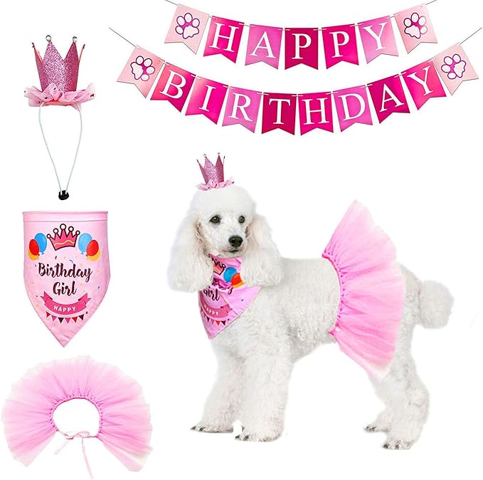ADOGGYGO Dog Birthday Hat Bandana Girl - Pet Birthday Party Supplies - Pink Dog Tutu Hat Scarf Banner Set for Medium Large Dogs (Large)