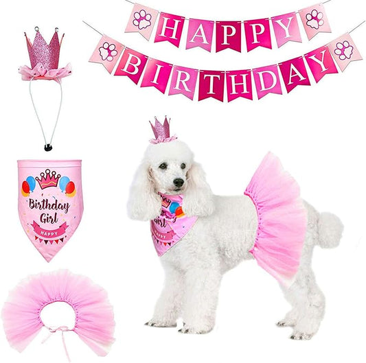 ADOGGYGO Dog Birthday Hat Bandana Girl - Pet Birthday Party Supplies - Pink Dog Tutu Hat Scarf Banner Set for Medium Large Dogs (Large)