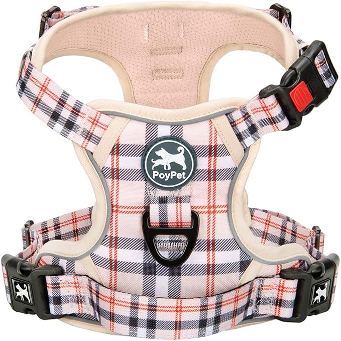 PoyPet Plaid Dog Harness, No Pull Front Clip Pet Vest Harness, Soft Padded Reflective Adjustable Walking Harness with Handle for Large Medium Small Dogs(Checkered Beige,XL)